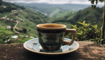 Green tea in rustic mug, nature relaxation generated by AI photo