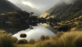 majestuoso montaña pico refleja en tranquilo estanque generado por ai foto
