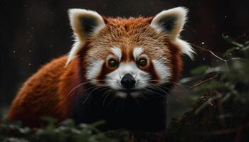 Fluffy red panda and Pomeranian sitting outdoors generated by AI photo