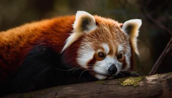 Fluffy panda sitting on tree branch outdoors generated by AI photo