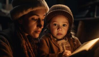 Cute baby boy and mother embracing, reading book generated by AI photo