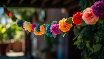 Fresh bouquet of multi colored flowers on wooden table generated by AI photo