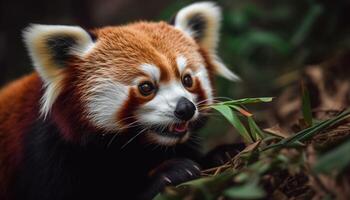 mullido rojo panda mirando a cámara al aire libre generado por ai foto