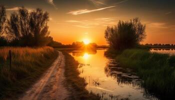 Sunset over tranquil pond, nature beauty reflected generated by AI photo