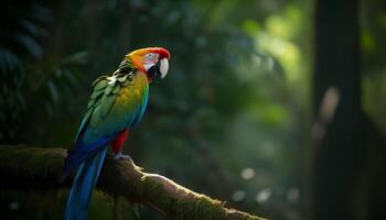 Vibrant macaw perched on green branch outdoors generated by AI photo