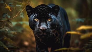 grande gato caminando mediante oscuro otoño bosque generado por ai foto