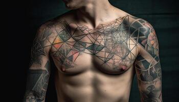 Muscular tattooed man with pierced shoulder standing generated by AI photo