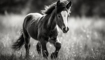 Black and white stallion grazing in meadow generated by AI photo