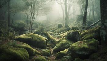 Mysterious forest, spooky fog, tranquil beauty revealed generated by AI photo