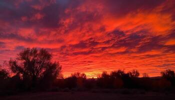 Golden sun sets over tranquil rural landscape generated by AI photo