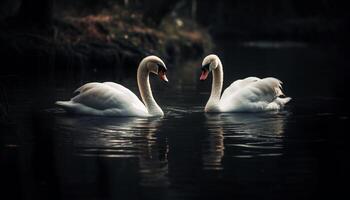 Swan family swimming in tranquil autumn pond generated by AI photo