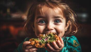 linda caucásico niña disfrutando dulce invierno bocadillo adentro generado por ai foto