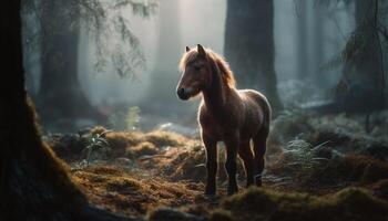 Mare and foal graze in tranquil meadow generated by AI photo