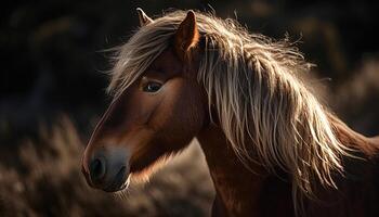 Thoroughbred stallion grazing in rural meadow sunset generated by AI photo