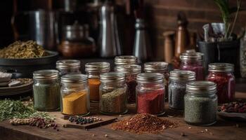 Variety of spices in wooden bowl close up generated by AI photo