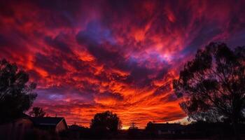 Silhouette of tree against vibrant sunset sky generated by AI photo