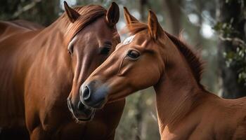 Thoroughbred stallion grazing in rural meadow portrait generated by AI photo