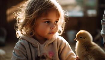 linda pequeño niña participación mullido bebé pollo al aire libre generado por ai foto