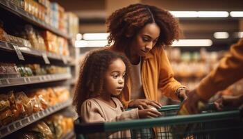 familia unión mientras compras para comestibles juntos generativo ai foto