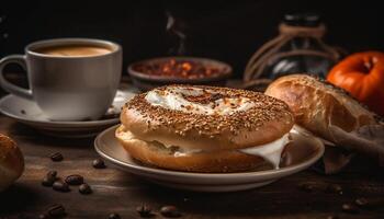 Freshly baked bagel and coffee for brunch generated by AI photo