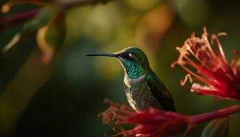colibrí encaramado en rama, iridiscente plumas brillante generado por ai foto