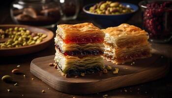 Baklava slice on wood plate, honey drizzled photo