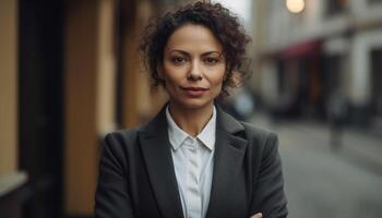 Confident businesswoman smiling in professional portrait outdoors photo