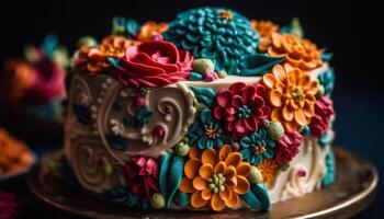 multi de colores Boda pastel con florido decoración generativo ai foto