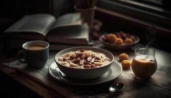 Rustic table, healthy meal, fresh granola snack photo