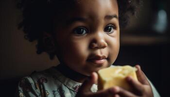 Smiling baby girl eating healthy food indoors photo