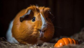 Fluffy guinea pig munches on fresh veggies photo