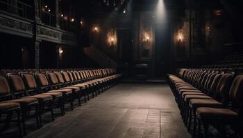 Empty movie theater, illuminated stage in background photo