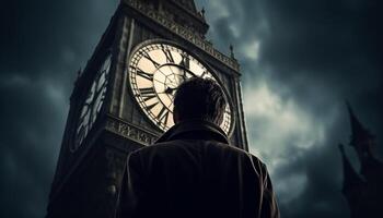 Clock tower stands tall in dark cityscape photo