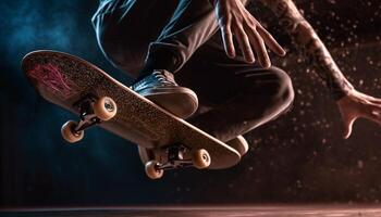 Young adult skateboarder jumps mid air in city photo