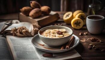 Healthy meal on rustic table with gourmet granola photo