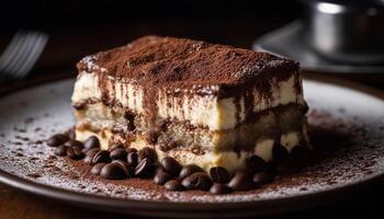 Layered tiramisu cake on plate with fresh mascarpone cream generated by AI photo