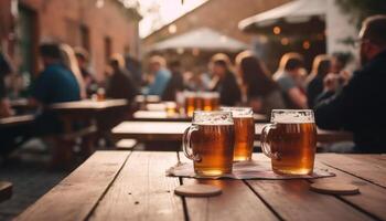 grupo de hombres y mujer Bebiendo cerveza a al aire libre bar generado por ai foto