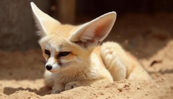 Fluffy red fox looking at camera, alertness in animal eye generated by AI photo