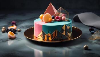 gastrónomo chocolate pastel con caramelo decoración en de madera plato generado por ai foto