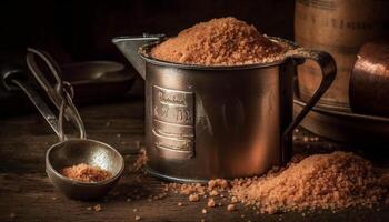 Fresh ground coffee in rustic bowl on wooden table indoors generated by AI photo