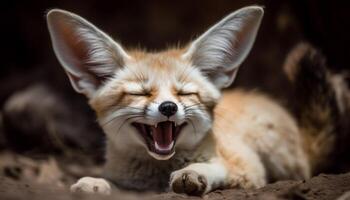 Cute kitten yawning, whiskers and fur in selective focus generated by AI photo