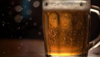 Frothy beer drop on wet table, celebrating freshness and refreshment generated by AI photo