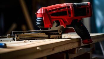 Carpenter saws timber with electric saw at construction site generated by AI photo