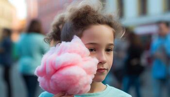 linda caucásico niña sonriente al aire libre, jugando con multi de colores juguete generado por ai foto