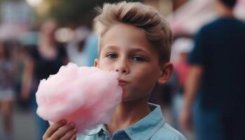 linda caucásico niño soplo hielo, participación dulce, disfrutando naturaleza al aire libre generado por ai foto