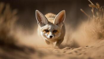 Fluffy red fox running in grass, alertness in animal eye generated by AI photo