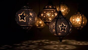 Glowing lanterns illuminate ornate decorations in a traditional winter celebration generated by AI photo