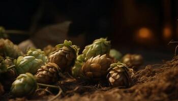 orgánico alcachofa, maduro fruta, y sano vegetal en de madera mesa generado por ai foto