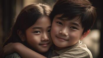 Two smiling boys, close up portrait, embracing in joyful togetherness generated by AI photo