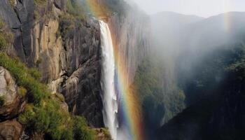 Majestic mountain range, flowing water, rainbow, idyllic autumn landscape generated by AI photo